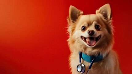 fluffy light brown dog with cheerful expression, wearing blue collar and stethoscope, poses against vibrant red background, symbolizing veterinary care