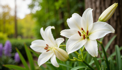 Fototapeta premium White lilies blooming in a garden