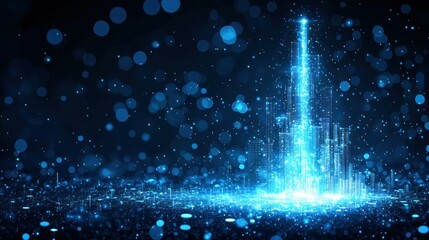 Futuristic city skyline rising from digital data stream on dark background