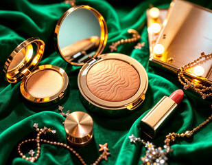 jewelry and cosmetics on a green satin background, soft focus. Gold Glam Makeup Collection