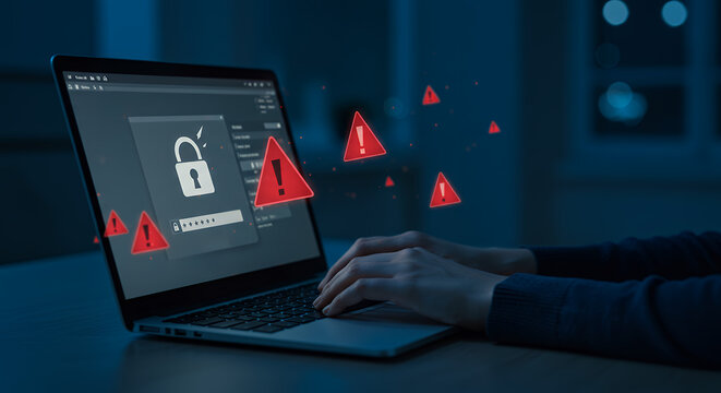 Cybersecurity Threat: Laptop Under Attack, Data Breach Warning Signs, Password Security Failure, Online Safety Alerts - Powered by Adobe