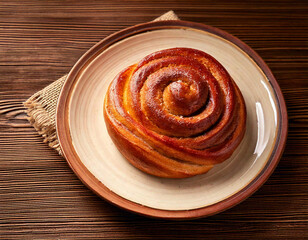 Fototapeta premium cinnamon bread twist on a plate. On a wooden table.
