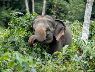 Obraz premium Photo of a young elephant between green leaves in the forest