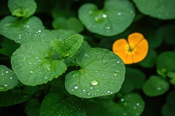 Bright orange flower stands out among lush green leaves adorned