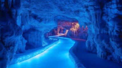 A blue cave with a blue waterway