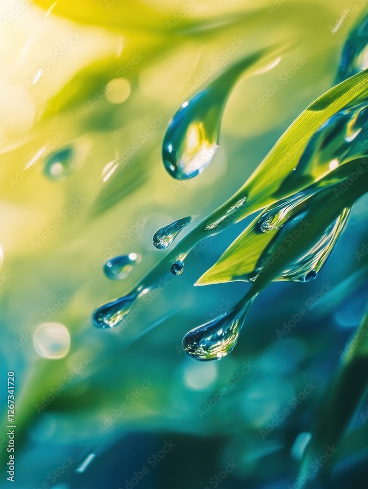 Poster close up of dew drops on green grass blades with a soft light background reflecting natures beauty i