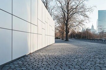 Fototapeta premium Cobblestone Street Meets Modern White Wall Architecture in Cityscape, Sunny Day