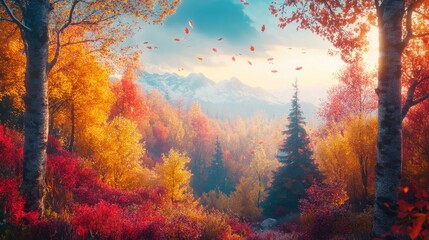 A colorful autumn landscape with trees shedding their leaves