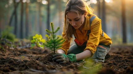 Young woman planting a small tree in a sunlit forest, surrounded by lush greenery and soft sunlight (1)