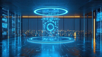 Futuristic command center with holographic interface, city night view