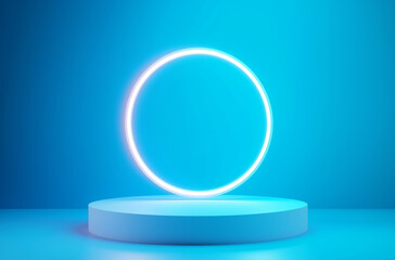Futuristic Neon Circle on Blue Pedestal Background. Generative Ai