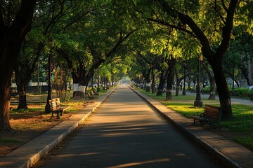 Fototapeta premium Serene Park Pathway: Sunlit Walkway Under Lush Tree Canopies, Tranquil Morning Ambiance, Peaceful Garden Setting.
