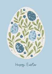 Happy Easter hand drawn vector illustration, card, banner. Patterned eggs with leaves, flowers and dotts. Modern naive abstract minimalist design in blue, green and beige colors.  
