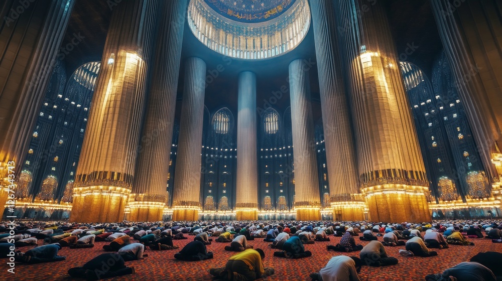 Poster in a beautifully lit istiqlal mosque, worshippers connect in deep devotion, bowing and prostrating t