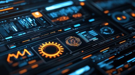 Futuristic digital interface displaying data analytics and system diagnostics