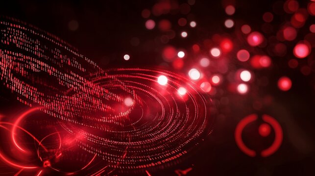 A dark abstract background featuring streams of red binary code and circular light effects, symbolizing data flow and digital technology