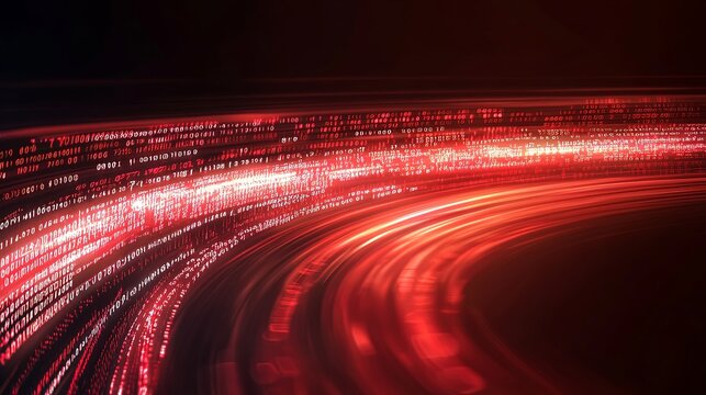 A dark abstract background featuring streams of red binary code and circular light effects, symbolizing data flow and digital technology