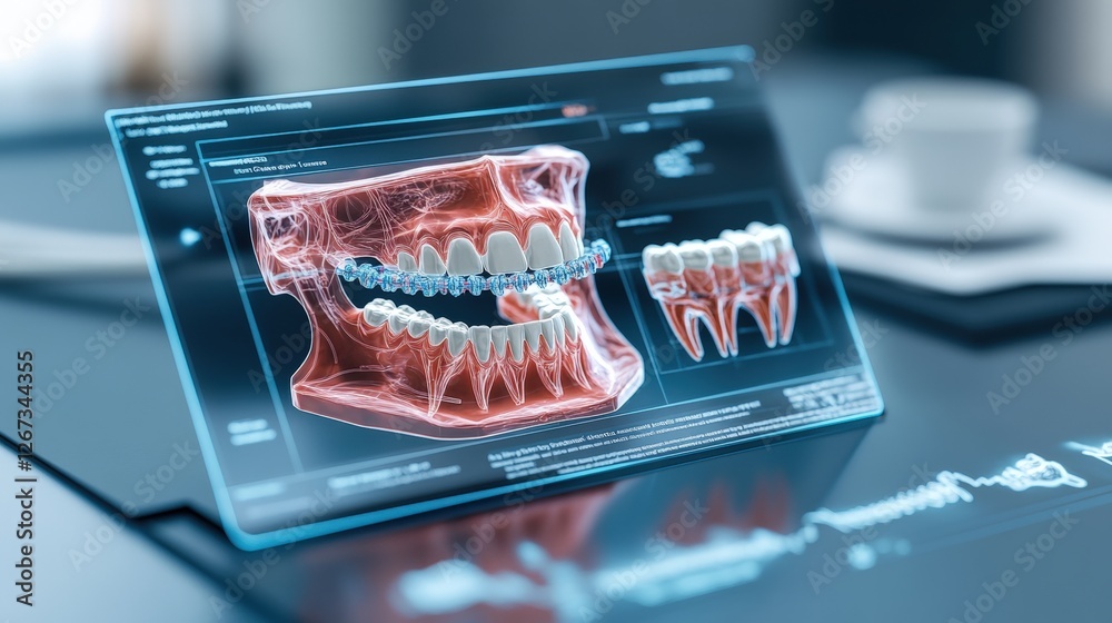 Aufkleber Computer screen displaying 3d tooth model with multiple holographic views and angles in a digital environment