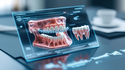 Computer screen displaying 3d tooth model with multiple holographic views and angles in a digital environment