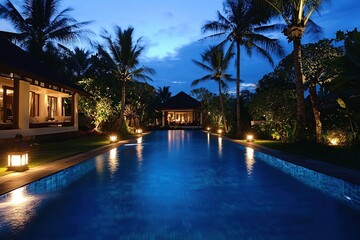 Fototapeta premium Nighttime Poolside Paradise: Serene Tropical Villa with Illuminated Waters and Lush Landscaping under Starlit Skies