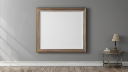  Artifical Intelligence generated image of interior with empty frame.   Blank picture frame hanging on wall, AI generated image
