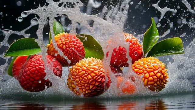 Fresh lychees splash into water creating vibrant droplets and capturing the essence of summer refreshment