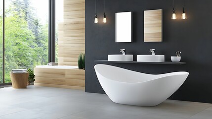 A modern bathroom featuring a freestanding white bathtub, double sinks, wooden accents, and large windows offering a view of greenery outside.