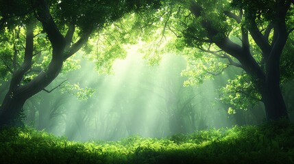 Obraz premium A serene forest scene with beams of sunlight filtering through lush green trees, creating a tranquil and inviting atmosphere.