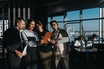 A group of business people engage in a collaborative meeting in a modern office. They appear...