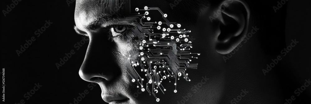 Leinwandbilder Human face merging with glowing digital circuits represents the fusion of technology and identity in modern times. Generative AI