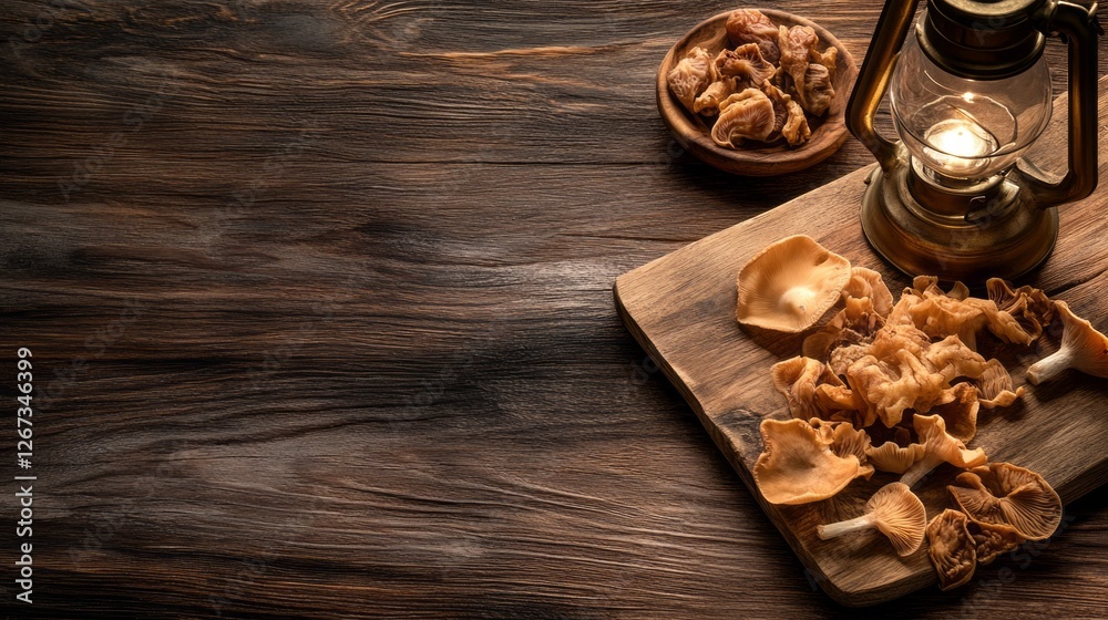 Poster delicious treats spread across a rustic wooden table illuminate by a gentle lantern glow, creating a