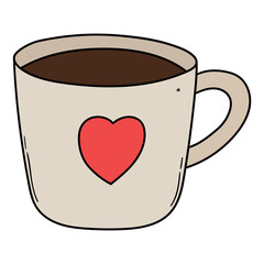 Hand drawn cartoon coffee cup with heart on white background.