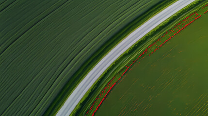 A winding road curves through expansive green fields, bordered by patches of bright red flowers. The vivid colors contrast beautifully under the clear blue sky, creating a serene rural landscape