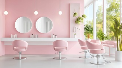 A modern, stylish salon featuring pink decor, circular mirrors, and bright natural light, creating a welcoming atmosphere for beauty treatments.