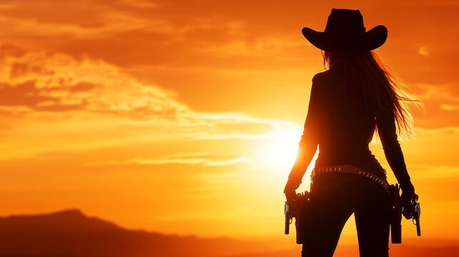 Silhouetted cowgirl holding pistols at sunset, evoking strength and adventure.