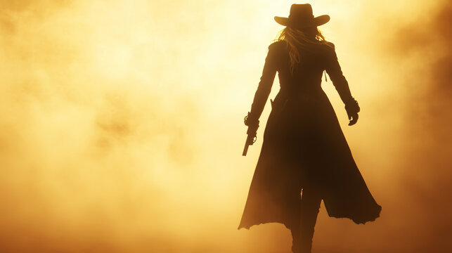 Silhouetted female gunslinger walking through golden haze, exuding confidence and mystery.