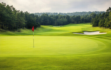 Obraz premium A vibrant golf course scene featuring a green expanse, a red flag at the hole, and lush trees in the background under a cloudy sky.