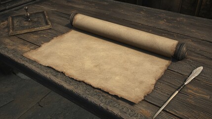 Unrolled parchment scroll on dark wooden table in antique setting