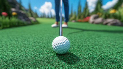 Fototapeta premium A close-up view of a golf ball on green grass, with a golfer poised to take a shot against a scenic background of trees and blue sky.