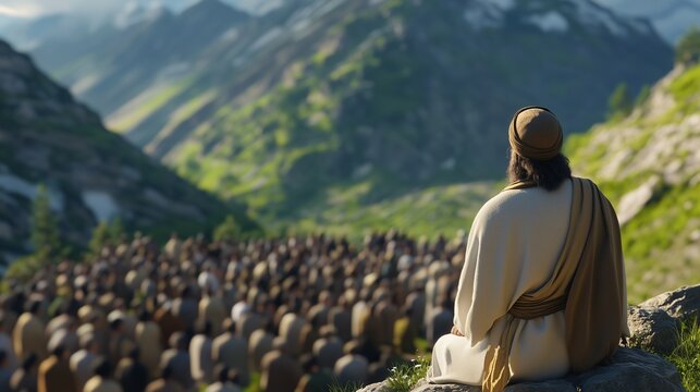 Jesus is standing in front of a crowd. A parable of jesus on the mountain. A generative illustration of nature. Jesus is positioned before a group of people lifestyle.