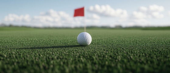 A golf ball rests on lush green grass, with a red flag in the background, signaling the hole on a sunny day.