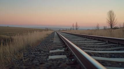 Fototapeta premium Railway tracks lead towards the horizon, framed by tall grass and sparse trees as a colorful twilight sky sets the scene, creating a tranquil atmosphere in the countryside