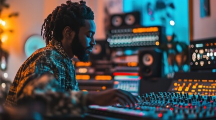 Obraz premium Audio specialist working in a control room, optimizing music tracks with digital tools