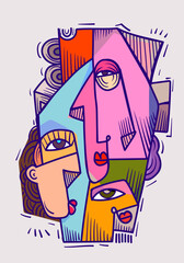 Aesthetic abstract face portrait people geometric decorative doodle hand drawn vector illustration. Artistic design art print, wall art, cards and poster.