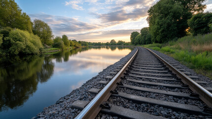 Railway tracks stretch alongside a serene river as the sun sets, casting warm hues in the sky
