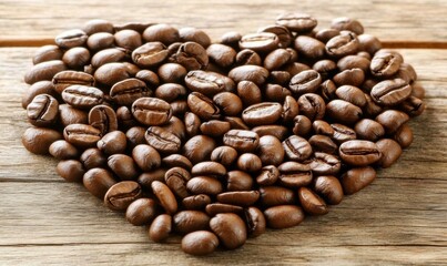 Heart-shaped arrangement of roasted coffee beans on a wooden surface, evoking warmth and love