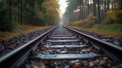 Fototapeta premium Parallel railway tracks stretch into the distance through a serene forest, adorned with autumn leaves. Soft morning light filters through the trees, creating a tranquil atmosphere