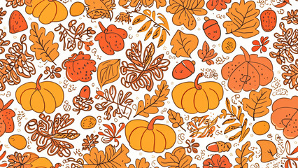 Autumn Seamless Pattern With Orange Pumpkins with Colourful Leaves and Berries