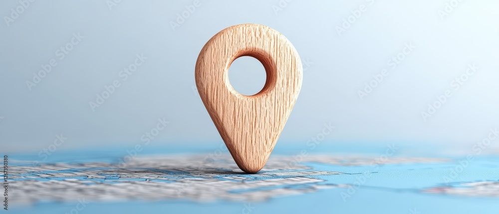 Wall mural wooden pin placed on a city map with a large abstract pin icon for navigation and location marking