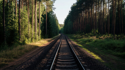 Fototapeta premium Railway tracks stretch into the distance, bordered by tall green trees and soft grass on either side. The warm light of early evening creates a serene atmosphere in the forested area